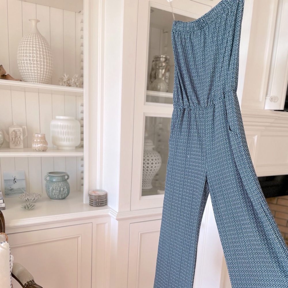 EXIST Navy & White Strapless Jumpsuit W/ Pockets Size L